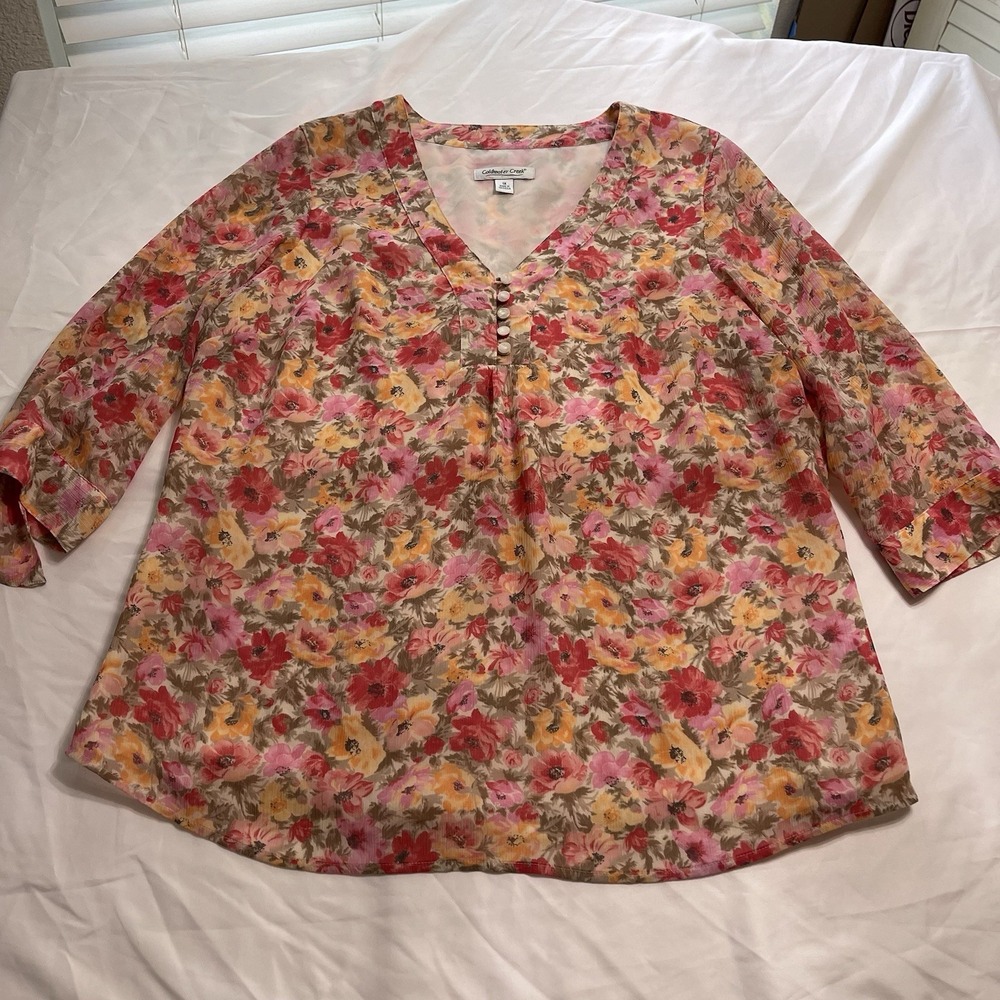 Coldwater Creek Women's 1X Floral Blouse Sheer Tie Sleeve V Neck Boho Top